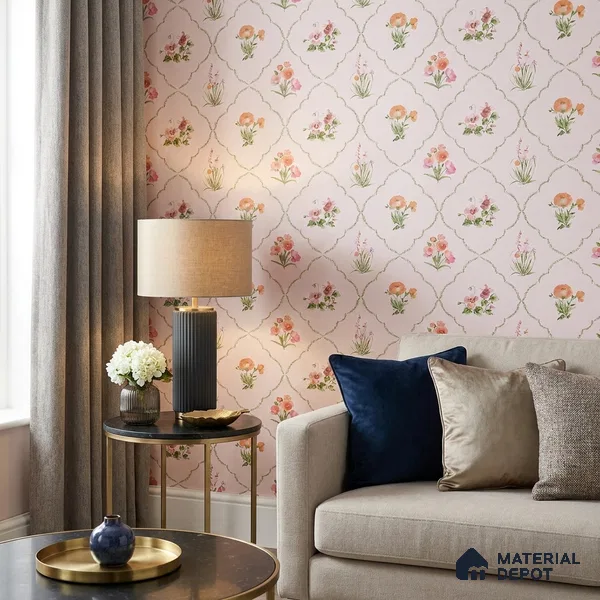 81402-2 | Blush Pink Floral Trellis Patterned Wallpaper - 5 Meter x 42 Inch, 57 Sq. Ft.