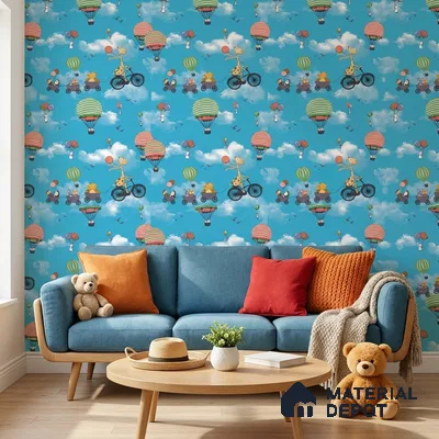 KD4001-4 | Sky Blue Hot Air Balloon Parade Non Woven Kids Room Wallpaper - 10 Meter x 21 Inches, 57.41 Sq. Ft. (Min. 15% Wastage)