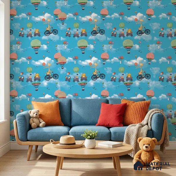 KD4001-4 | Sky Blue Hot Air Balloon Parade Non Woven Kids Room Wallpaper - 10 Meter x 21 Inches, 57.41 Sq. Ft. (Min. 15% Wastage)