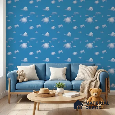 KD4010-5 | Deep Blue Cloud Print Non Woven Kids Room Wallpaper - 10 Meter x 21 Inches, 57.41 Sq. Ft. (Min. 15% Wastage)