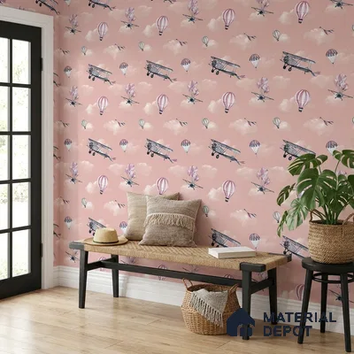 KD4012-3 | Blush Pink Airplane & Balloon Non Woven Kids Room Wallpaper - 10 Meter x 21 Inches, 57.41 Sq. Ft. (Min. 15% Wastage)