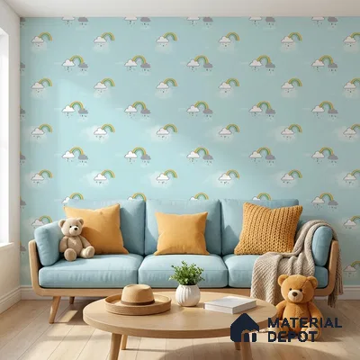 KD4030-2 | Mint Green Cloud & Rainbow Non Woven Kids Room Wallpaper - 10 Meter x 21 Inches, 57.41 Sq. Ft. (Min. 15% Wastage)