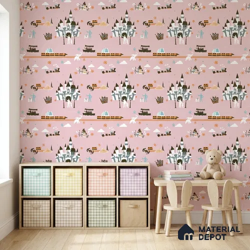 KD4090-3 | Pink Multicolour Castle Theme Park Non Woven Kids Room Wallpaper - 10 Meter x 21 Inches, 57.41 Sq. Ft. (Min. 15% Wastage)