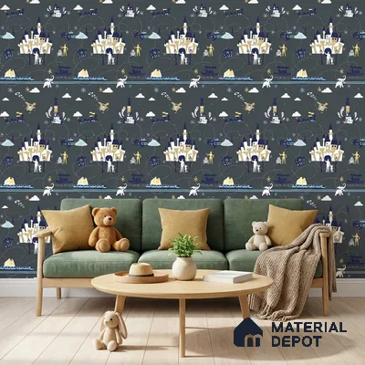 KD4090-4 | Navy Multicolour Night Village Non Woven Kids Room Wallpaper - 10 Meter x 21 Inches, 57.41 Sq. Ft. (Min. 15% Wastage)