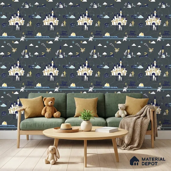 KD4090-4 | Navy Multicolour Night Village Non Woven Kids Room Wallpaper - 10 Meter x 21 Inches, 57.41 Sq. Ft. (Min. 15% Wastage)