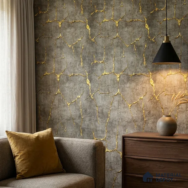 WK25-2506 | Bronze & Gold Crackle Plaster Patterned Wallpaper - 10 Meter x 21 Inches, 57.41 Sq. Ft. (Min. 15% Wastage)