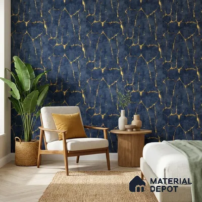 WK25-2509 | Navy & Gold Crackle Plaster Patterned Wallpaper - 10 Meter x 21 Inches, 57.41 Sq. Ft. (Min. 15% Wastage)
