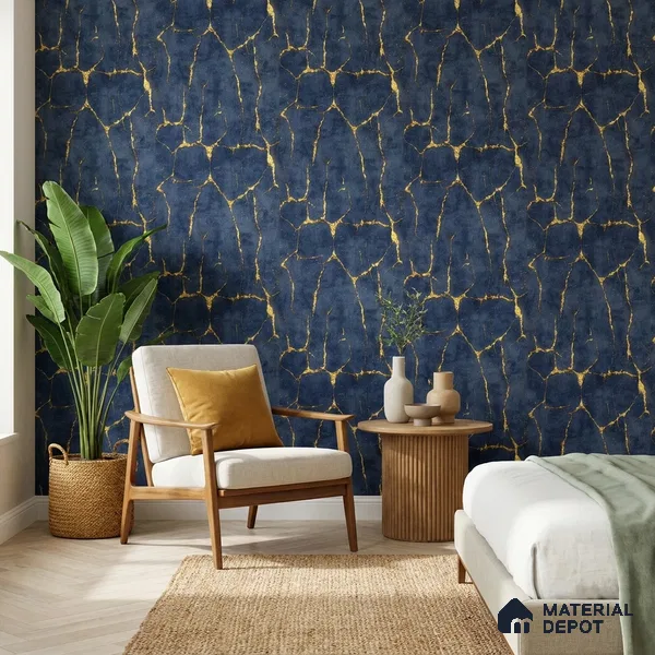 WK25-2509 | Navy & Gold Crackle Plaster Patterned Wallpaper - 10 Meter x 21 Inches, 57.41 Sq. Ft. (Min. 15% Wastage)