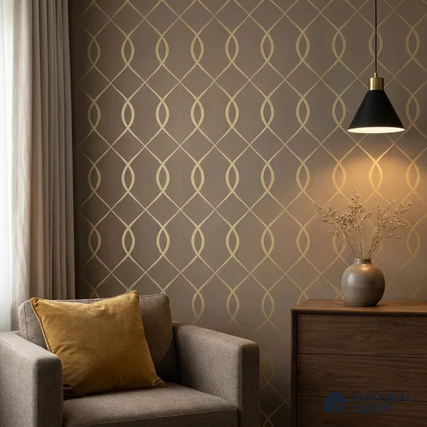 WK25-2512 | Brown & Gold Ogee Trellis Patterned Wallpaper - 10 Meter x 21 Inches, 57.41 Sq. Ft. (Min. 15% Wastage)