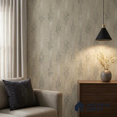 WK25-2534 | Cream & Silver Art Deco Fountain Patterned Wallpaper - 10 Meter x 21 Inches, 57.41 Sq. Ft. (Min. 15% Wastage)