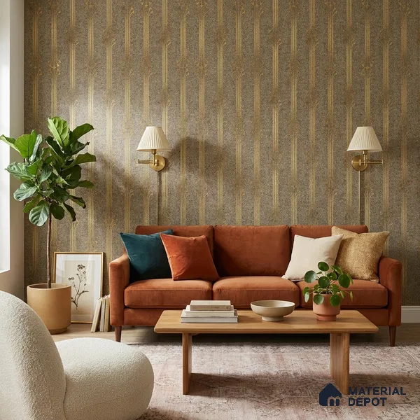 WK25-2536 | Bronze & Gold Art Deco Fountain Patterned Wallpaper - 10 Meter x 21 Inches, 57.41 Sq. Ft. (Min. 15% Wastage)