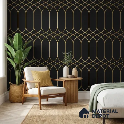 WK25-2543 | Black & Gold Art Deco Arch Patterned Wallpaper - 10 Meter x 21 Inches, 57.41 Sq. Ft. (Min. 15% Wastage)