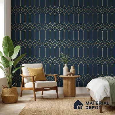 WK25-2544 | Midnight Navy and Gold Arch Patterned Wallpaper - 10 Meter x 21 Inches, 57.41 Sq. Ft. (Min. 15% Wastage)