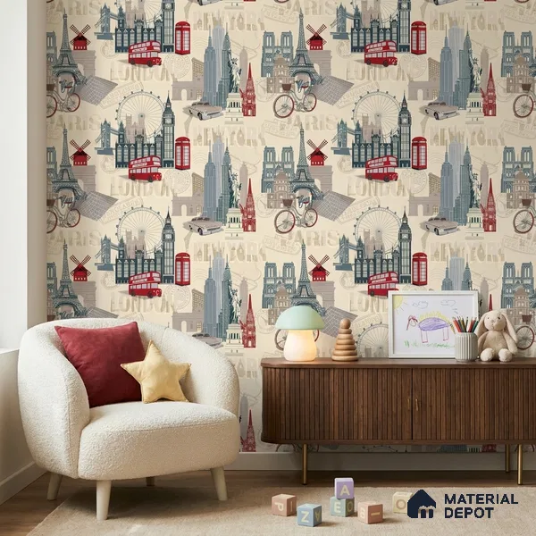 5129-1 | London City Icons Border PVC Patterned Wallpaper - 5 Meter x 42 Inch, 57 Sq. Ft. (Min. 15% Wastage)