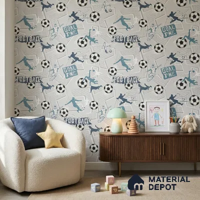 5127-1 | Grey Football Soccer Sports PVC Patterned Wallpaper - 5 Meter x 42 Inch, 57 Sq. Ft. (Min. 15% Wastage)