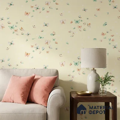 5142-1 | Pale Yellow Scatter Butterfly PVC Patterned Wallpaper - 5 Meter x 42 Inch, 57 Sq. Ft. (Min. 15% Wastage)