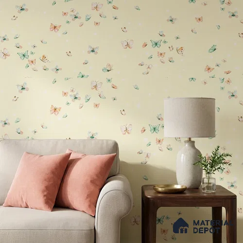 5142-1 | Pale Yellow Scatter Butterfly PVC Patterned Wallpaper - 5 Meter x 42 Inch, 57 Sq. Ft. (Min. 15% Wastage)