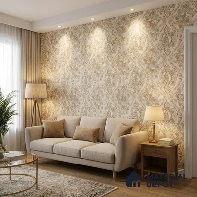70244-1 | Cream Gold Ornate Damask PVC Patterned Wallpaper - 5 Meter x 42 Inch, 57 Sq. Ft. (Min. 15% Wastage)