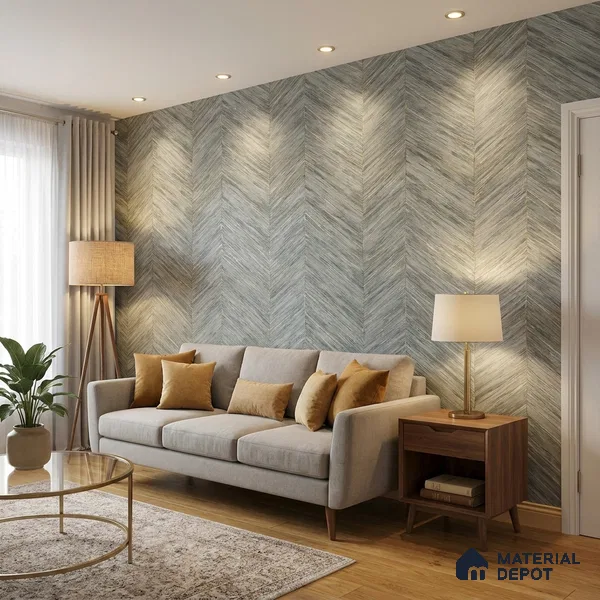 ST021008 | Blue Grey Chevron Wood Grain PVC Patterned Wallpaper - 10.05 Meter x 20.86 Inches, 57.33 Sq. Ft. (Min. 15% Wastage)