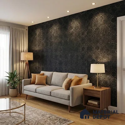 ST021051 | Black Floral Medallion Scatter PVC Patterned Wallpaper - 10.05 Meter x 20.86 Inches, 57.33 Sq. Ft. (Min. 15% Wastage)