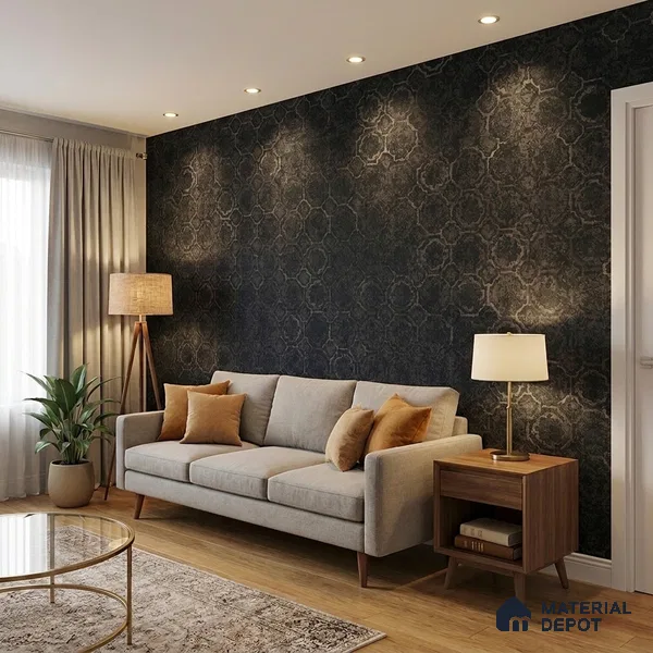 ST021051 | Black Floral Medallion Scatter PVC Patterned Wallpaper - 10.05 Meter x 20.86 Inches, 57.33 Sq. Ft. (Min. 15% Wastage)