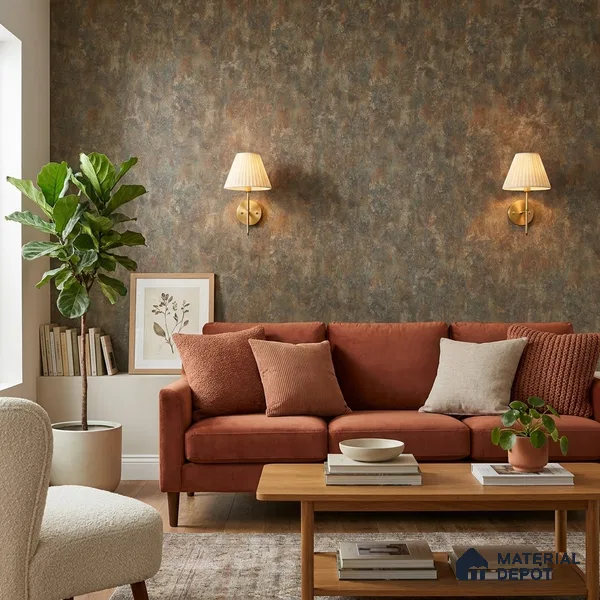 ST021044 | Olive Rust Mottled Stone PVC Patterned Wallpaper - 10.05 Meter x 20.86 Inches, 57.33 Sq. Ft. (Min. 15% Wastage)