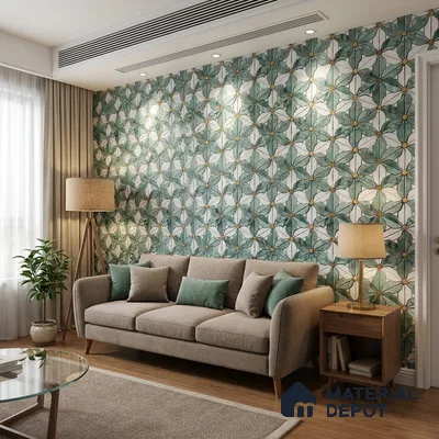 FE501-1 | Teal & White Floral Tile Mosaic PVC Patterned Wallpaper - 10 Meter x 21 Inch, 57 Sq. Ft. (Min. 15% Wastage)