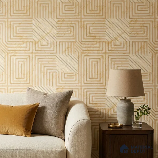 FE506-1 | Golden Yellow Greek Key Maze PVC Patterned Wallpaper - 10 Meter x 21 Inch, 57 Sq. Ft. (Min. 15% Wastage)