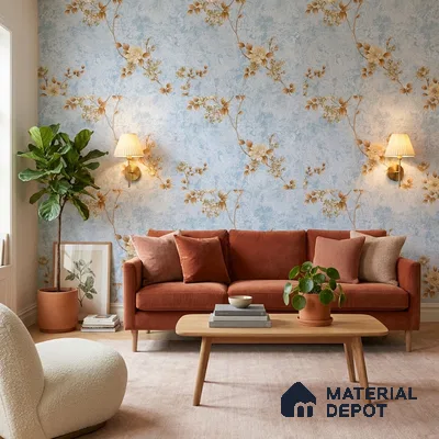 FE508-2 | Ice Blue Gold Blossom PVC Floral Wallpaper - 10 Meter x 21 Inch, 57 Sq. Ft. (Min. 15% Wastage)