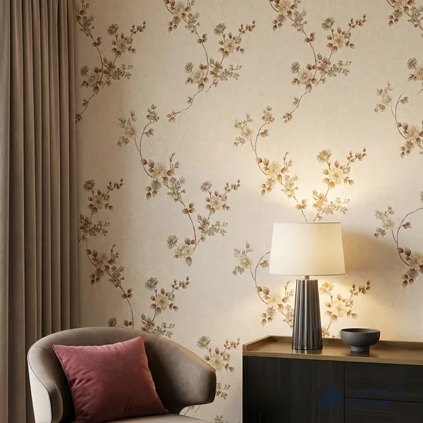 FE508-5 | Ivory Gold Blossom Sprig PVC Floral Wallpaper - 10 Meter x 21 Inch, 57 Sq. Ft. (Min. 15% Wastage)
