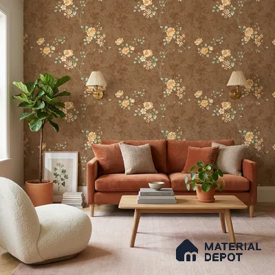 FE508-1 | Rust Brown Peach Blossom PVC Floral Wallpaper - 10 Meter x 21 Inch, 57 Sq. Ft. (Min. 15% Wastage)