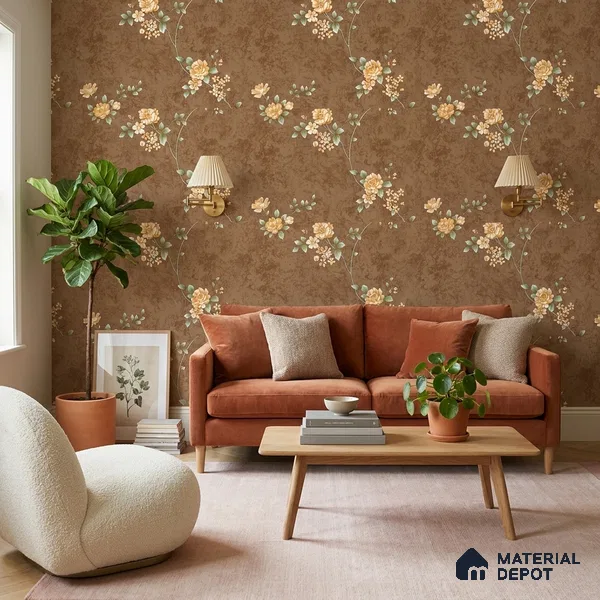 FE508-1 | Rust Brown Peach Blossom PVC Floral Wallpaper - 10 Meter x 21 Inch, 57 Sq. Ft. (Min. 15% Wastage)