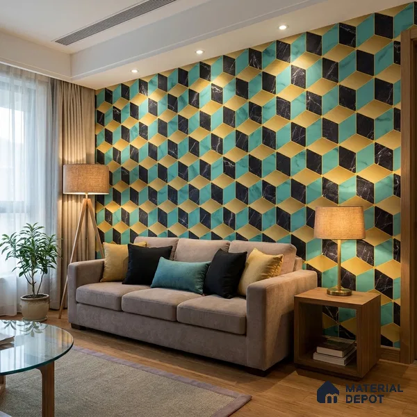 FE510-2 | Teal Cube Marble PVC Geometric Wallpaper - 10 Meter x 21 Inch, 57 Sq. Ft. (Min. 15% Wastage)