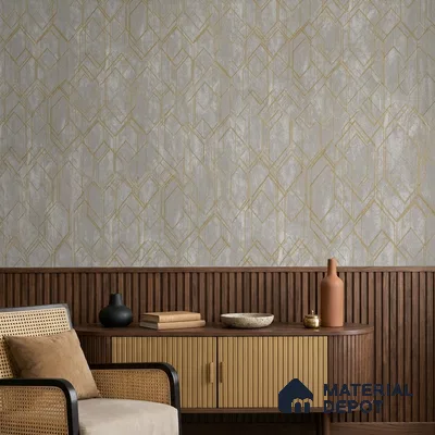 AMBL23409 | Grey Gold Diamond Panel Geometric Wallpaper - 10 Meter x 21 Inches, 57.05 Sq. Ft. (Min. 15% Wastage)