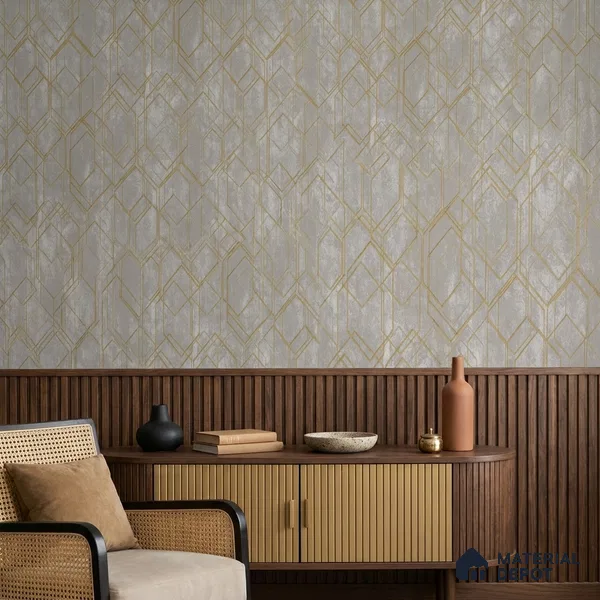 AMBL23409 | Grey Gold Diamond Panel Geometric Wallpaper - 10 Meter x 21 Inches, 57.05 Sq. Ft. (Min. 15% Wastage)