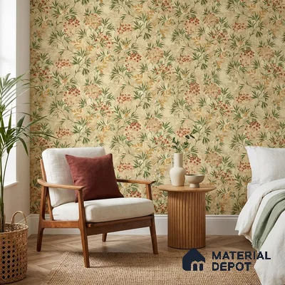 23823 | Sand Red Berry Sprigs Floral Wallpaper - 10 Meter x 21 Inches, 57.41 Sq. Ft. (Min. 15% Wastage)