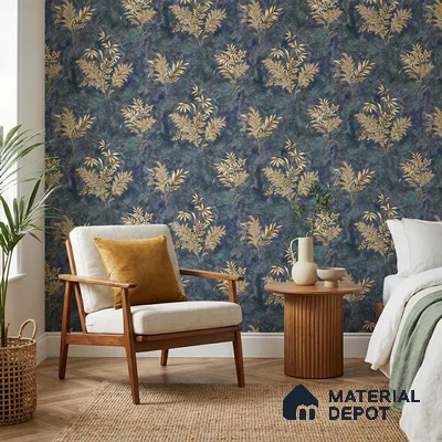 23850 | Navy Gilded Ferns Floral Wallpaper - 10 Meter x 21 Inches, 57.41 Sq. Ft. (Min. 15% Wastage)