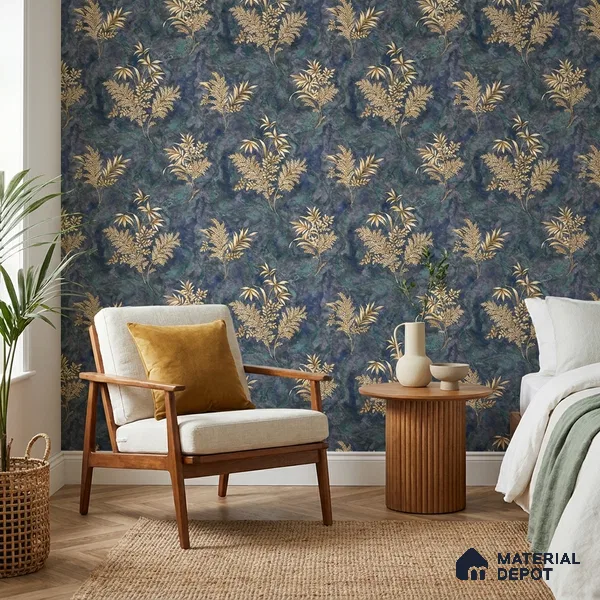 23850 | Navy Gilded Ferns Floral Wallpaper - 10 Meter x 21 Inches, 57.41 Sq. Ft. (Min. 15% Wastage)