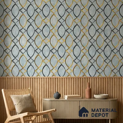 WK160-17 | Blue Lattice Gold Patterned Wallpaper - 10 Meter x 21 Inches, 57.37 Sq. Ft. (Min. 15% Wastage)