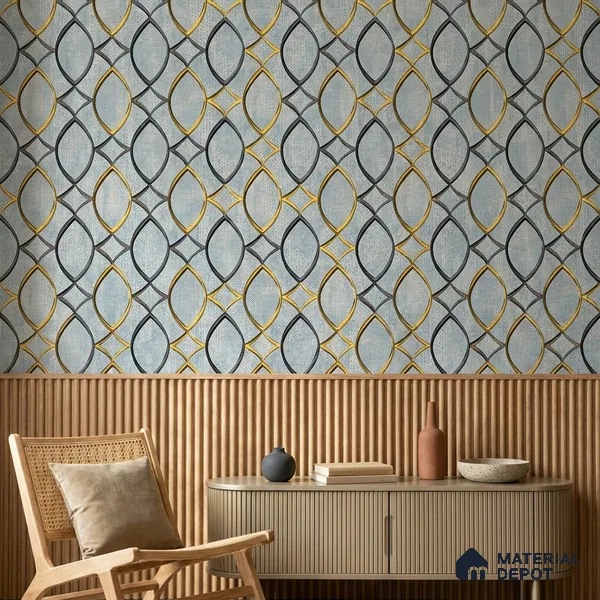 WK160-17 | Blue Lattice Gold Patterned Wallpaper - 10 Meter x 21 Inches, 57.37 Sq. Ft. (Min. 15% Wastage)