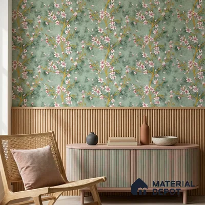WK160-41 | Sage Green Pink Magnolia Floral Wallpaper - 10 Meter x 21 Inches, 57.37 Sq. Ft. (Min. 15% Wastage)