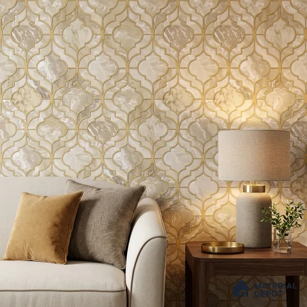 1116 | Cream & Gold Ogee Marble Lattice Patterned Wallpaper - 10 Meter x 21 Inches, 57.37 Sq. Ft. (Min. 15% Wastage)