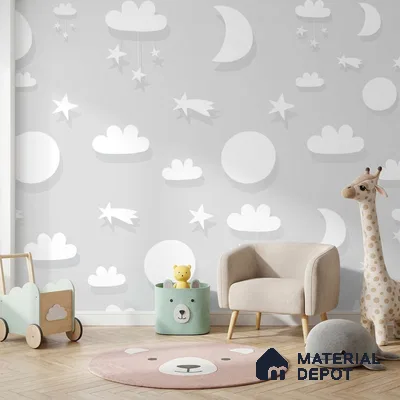 5186-1 | Grey Pastel Moon Star Scatter Kids Look Wallpaper 4 Meter x 42 Inches - 45.94 Sq. Ft. | Minimum 15% wastage during installation