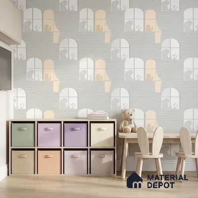 5165-1 | Grey Cat Window Silhouette Brick Look Wallpaper 4 Meter x 42 Inches - 45.94 Sq. Ft. | Minimum 15% wastage during installation