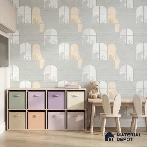 5165-1 | Grey Cat Window Silhouette Brick Look Wallpaper 4 Meter x 42 Inches - 45.94 Sq. Ft. | Minimum 15% wastage during installation