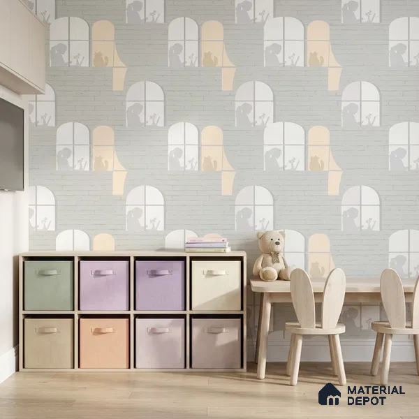 5165-1 | Grey Cat Window Silhouette Brick Look Wallpaper 4 Meter x 42 Inches - 45.94 Sq. Ft. | Minimum 15% wastage during installation