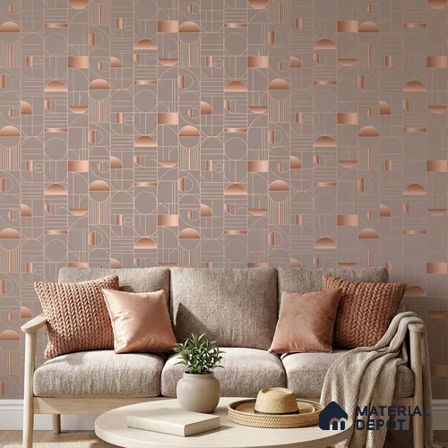 WK160-09 | Pink Rose Gold Circle & Bar Deco Patterned Wallpaper - 10 Meter x 21 Inches, 57.37 Sq. Ft. (Min. 15% Wastage)