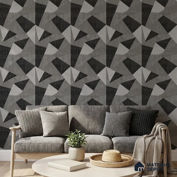 WK160-21 | Charcoal Grey Faceted Triangle Block Patterned Wallpaper - 10 Meter x 21 Inches, 57.37 Sq. Ft. (Min. 15% Wastage)