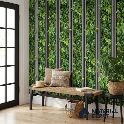 WK160-66 | Charcoal Slat Green Wall Floral Wallpaper - 10 Meter x 21 Inches, 57.37 Sq. Ft. (Min. 15% Wastage)