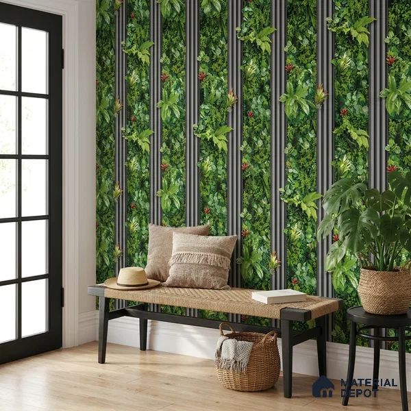WK160-66 | Charcoal Slat Green Wall Floral Wallpaper - 10 Meter x 21 Inches, 57.37 Sq. Ft. (Min. 15% Wastage)